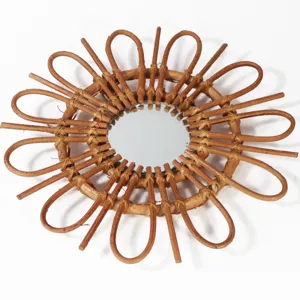 Handmade Rattan Woven Wall Mirror Boho Sunburst Flower Hanging Mirror for Home Decor