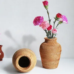 Nordic Style Woven Rattan Vase Rustic Vintage Plain Decorative Flower Vase Centerpiece Home Decor Craft