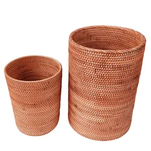 Natural autumn rattan woven storage bucket set, round wicker basket for organizing and waste.