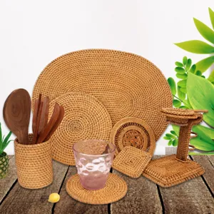 Handmade rattan placemat and coaster set for kitchen table dining, heat resistant natural woven.