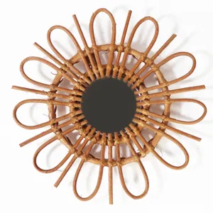 Handmade rattan sunburst wall mirror, vintage boho bamboo woven decorative mirror for home.