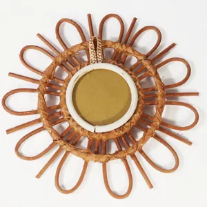 Handmade Woven Rattan Sunburst Wall Mirror Vintage Boho Decorative Hanging Makeup Mirror