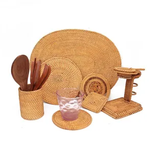 Handmade Vietnamese autumn rattan placemat and coaster set, heat insulation kitchen mat.