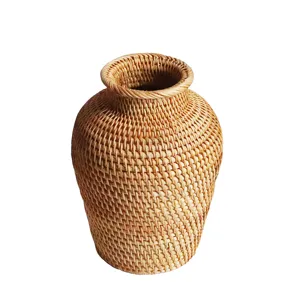 Nordic style woven rattan decorative vase, vintage rustic plain flower holder for home decor.
