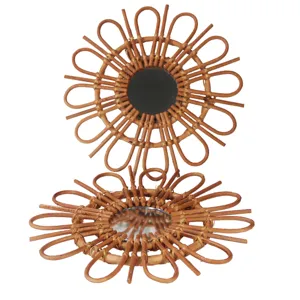 Rattan wall decorative mirror, handmade flower shaped bamboo makeup mirror for home decor.