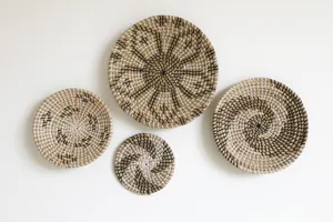 Handwoven seagrass decorative wall plates set, natural boho chic hanging basket art decor.