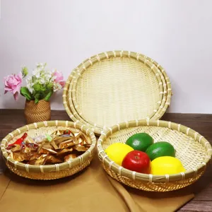 Panier de Fruit Tissé en Bambou Naturel Fait Main Cuisine Passoire Panier d'Égouttage Ménage Pain Nourriture Plateau de Rangement Rond Tissé