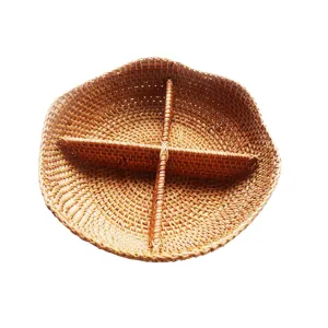 Handwoven Rattan Fruit Basket 4-Compartment Storage Tray for Living Room Snacks