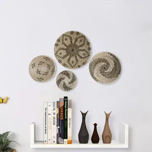 European Style Seagrass Woven Hanging Plates Set Black And White Plant Woven Wall Decor Crafts For Living Room Home