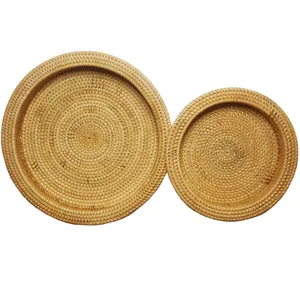 Natural round woven rattan storage tray set, handmade wicker fruit basket for desktop.