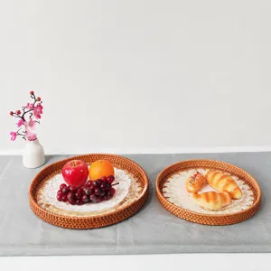 Bandeja Redonda de Servir de Ratán y Concha Nórdica Cesta de Fruta Decorativa Patrón de Hexagrama Organizador de Té
