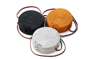 Round rattan woven shoulder bag for women, stylish straw crossbody messenger bag in three colors.
