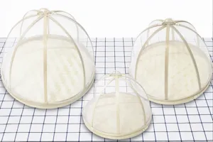 Bamboo mesh food cover set, round woven vegetable protector for dining table and kitchen storage.