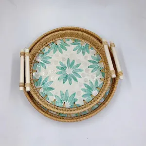 Herfst Rattan Geweven Ronde Schelp Groen Blad Serveertablett Huis Snack Koekje Opbergtablet Handgemaakt Decoratief