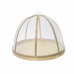 Detail view of the bamboo woven food cover, showing mesh net and size dimensions clearly.