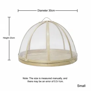 Bamboo mesh food cover detail showing the dome tent structure and woven bamboo base tray.