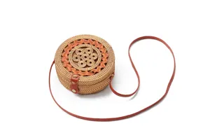 Round rattan straw crossbody bag with brown leather strap, bohemian summer woven beach bag.
