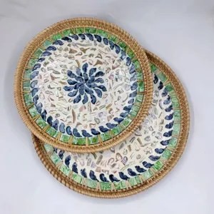 Handmade Rattan Woven Serving Tray Creative Round Decorative Tray With Colorful Shell Mosaic Floral Pattern For Home