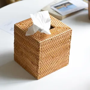 Quadratische Rattan Taschentuchbox Natürliche Gewebte Papierhalter Tischaufbewahrung