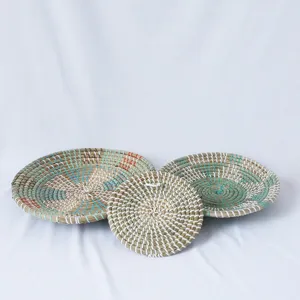 Set di Piatti Decorativi Tessuti in Erba Marina Cesto Sospeso da Parete Arte Artigianato Boho Soggiorno Decorazione murale
