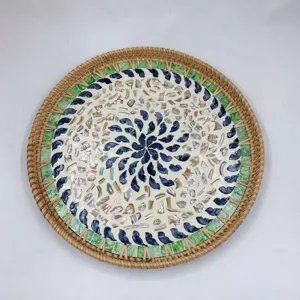 Autumn rattan woven shell decorative round tray for living room home use main view display