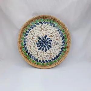 Rattan woven mother-of-pearl round decorative tray for living room home table use.