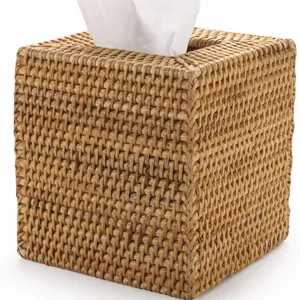 Quadratische Rattan-Taschentuchbox, naturgeflochtener Papierhalter fur Wohnzimmer.