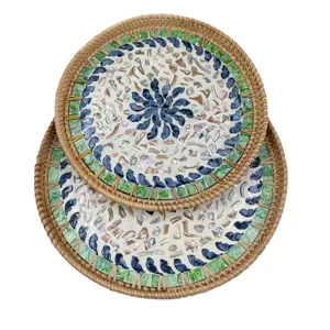 Rattan Woven Shell Round Serving Tray Creative Decorative Mosaic Plate for Living Room
