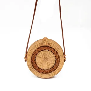 Ronde Rattan Schoudertas Geweven Stro Strandtas Zomer Reizen Handtas met Leren Band