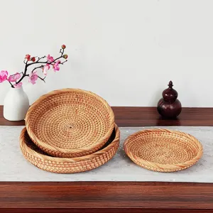 Handwoven Rattan Fruit Basket Round Storage Tray Set of Three For Living Room Table Decor