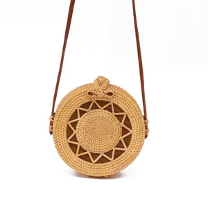 Ronde rotan schoudertas voor dames, handgemaakte geweven stro tas voor strandvakantie reis.