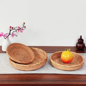 Handmade rattan woven round fruit basket set, shallow storage tray for living room home.