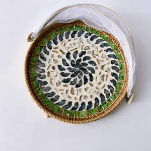 Handcrafted Rattan Fruit Basket with Shell Mosaic and Mesh Cover for Practical Home Food Storage.