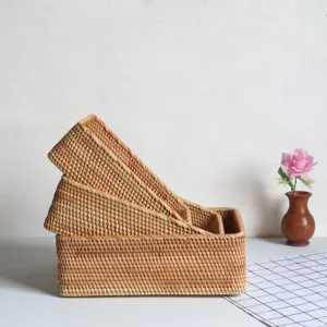 Handwoven Rattan Storage Basket Rectangular Woven Organizer Bin Natural Wicker Organizer Basket For Living Room Desktop Home