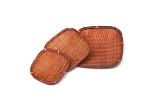 Juego de bandejas de bambú tejidas a mano, tres tamaños, frutero natural y expositor de postres.