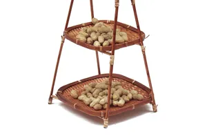 Soporte de servicio de dos niveles de bambú tejido para aperitivos y frutas, estante de salón