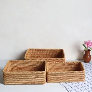 Rectangular woven rattan storage baskets set, natural wicker desktop organizer bins for home.