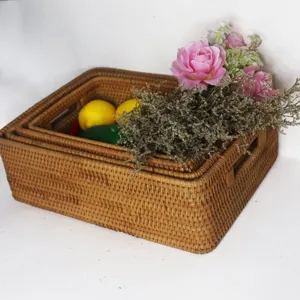 Natural Woven Rattan Storage Basket Rectangle Wicker Desktop Sundries Organizer For Home Office Modern Style