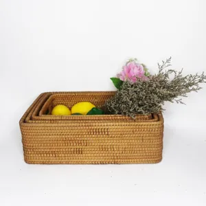 Autumn rattan storage basket rectangular woven desktop sundries organizer basket set