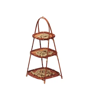 Soporte de cesta tejido de bambú de 3 niveles expositor de frutas snack de escritorio