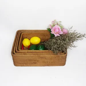 Natural rattan woven storage basket rectangular nesting desktop organizing basket set