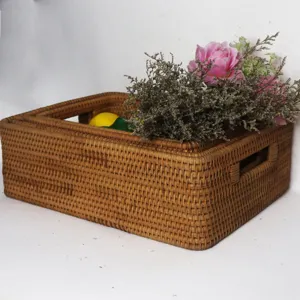 Handmade Woven Rattan Storage Basket Rectangular Desktop Sundries Organizer for Home