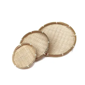 Set de bandejas redondas de bambú tejido a mano, cesta de frutas natural para el hogar.