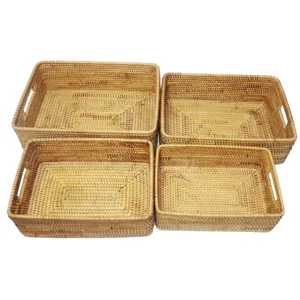 Natural rattan woven storage basket set, rectangular wicker desktop organizer bins.