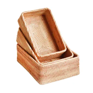 Natural rattan storage baskets rectangular woven wicker organizer bins for home living room storage