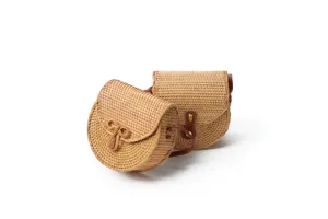 Handwoven rattan shoulder bag, semi-circular crossbody saddle bag, vintage forest style women bag.