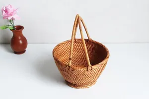 Vietnamese woven rattan fruit basket, handmade desktop storage organizer for home.
