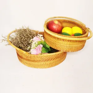 European pastoral style rattan woven fruit basket set, oval storage basket for snacks.