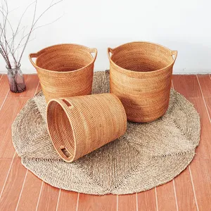 Rattan storage basket woven laundry hamper round home organizer bedroom sundries container