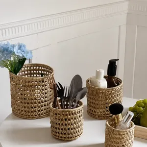 Panier de Rangement Tissé en Rotin Scandinave Fait Main Organisateur de Bureau Conteneur en Fibre Végétale Naturelle Pour la Maison